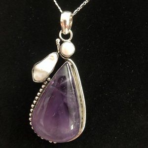 Huge Natural Amethyst Biwa Pearl 925 Stamped Sterling Silver Plated Necklace